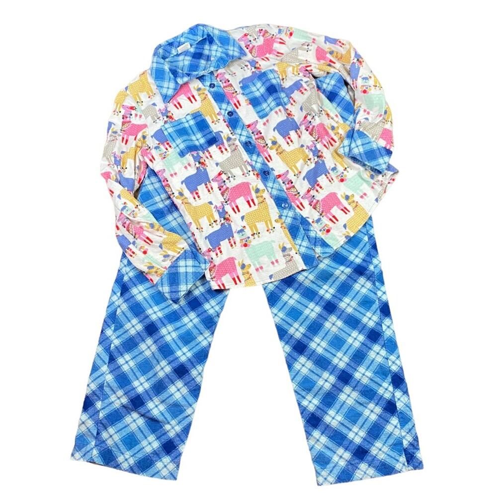Mayma's Aprons Llama Flannel Pajamas Plaid Blue White Pink Size Medium